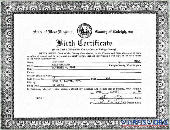 Printable United States Clerk's office of West Virginia birth certificate example